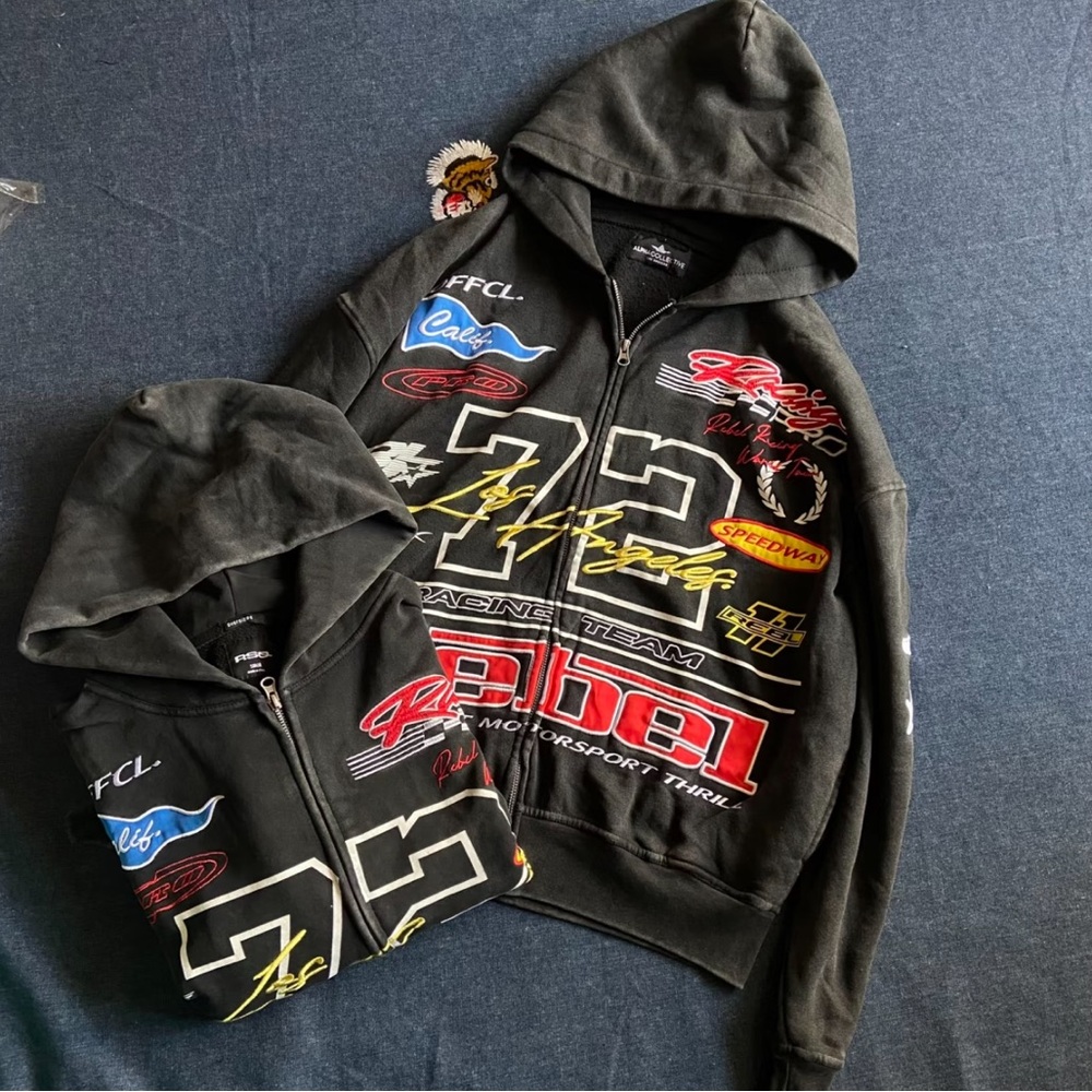 Gray Motorsport Graphic Zip Hoodie with Red & Yellow Accents